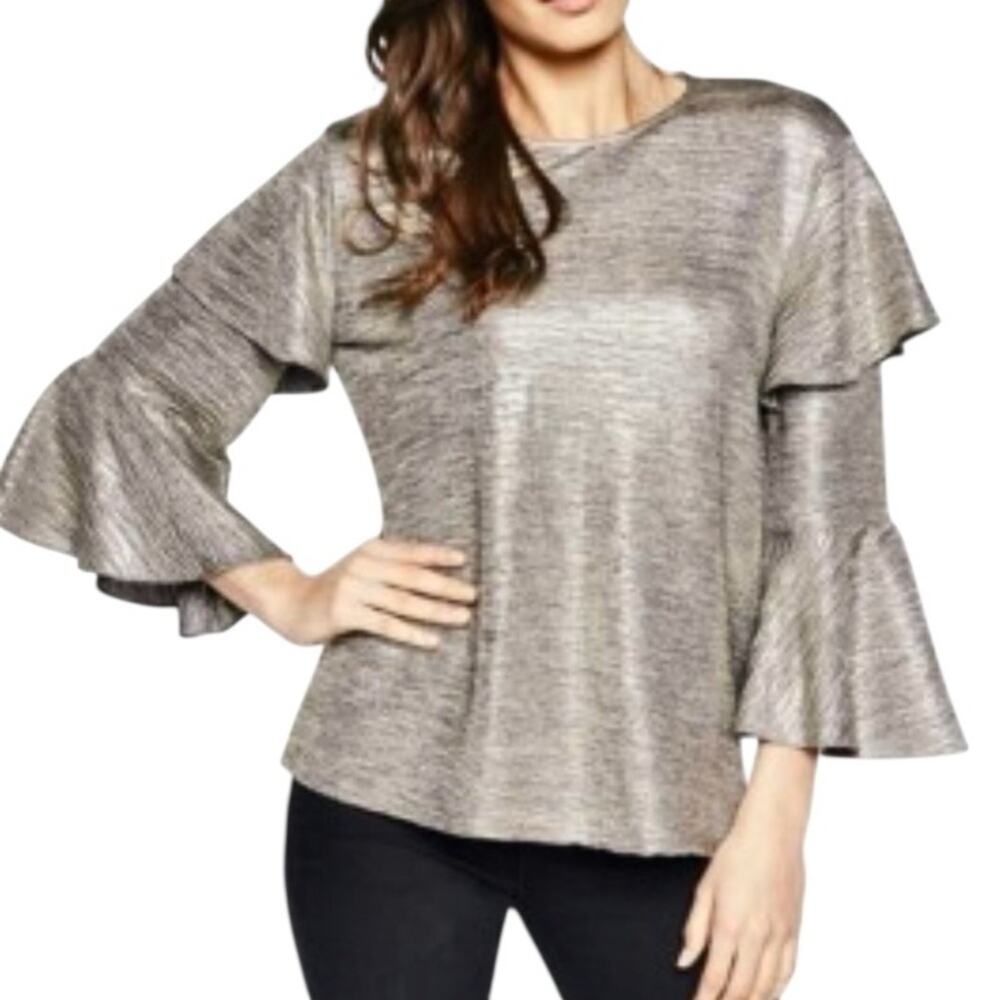 Bardot Milly Sparkly Gold Metallic Party Blouse M 8 Double Ruffle Bell Sleeve